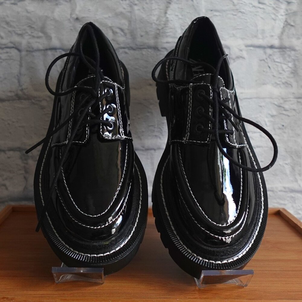 Zara Contrast Stitch Vegan Patent Boat Shoes